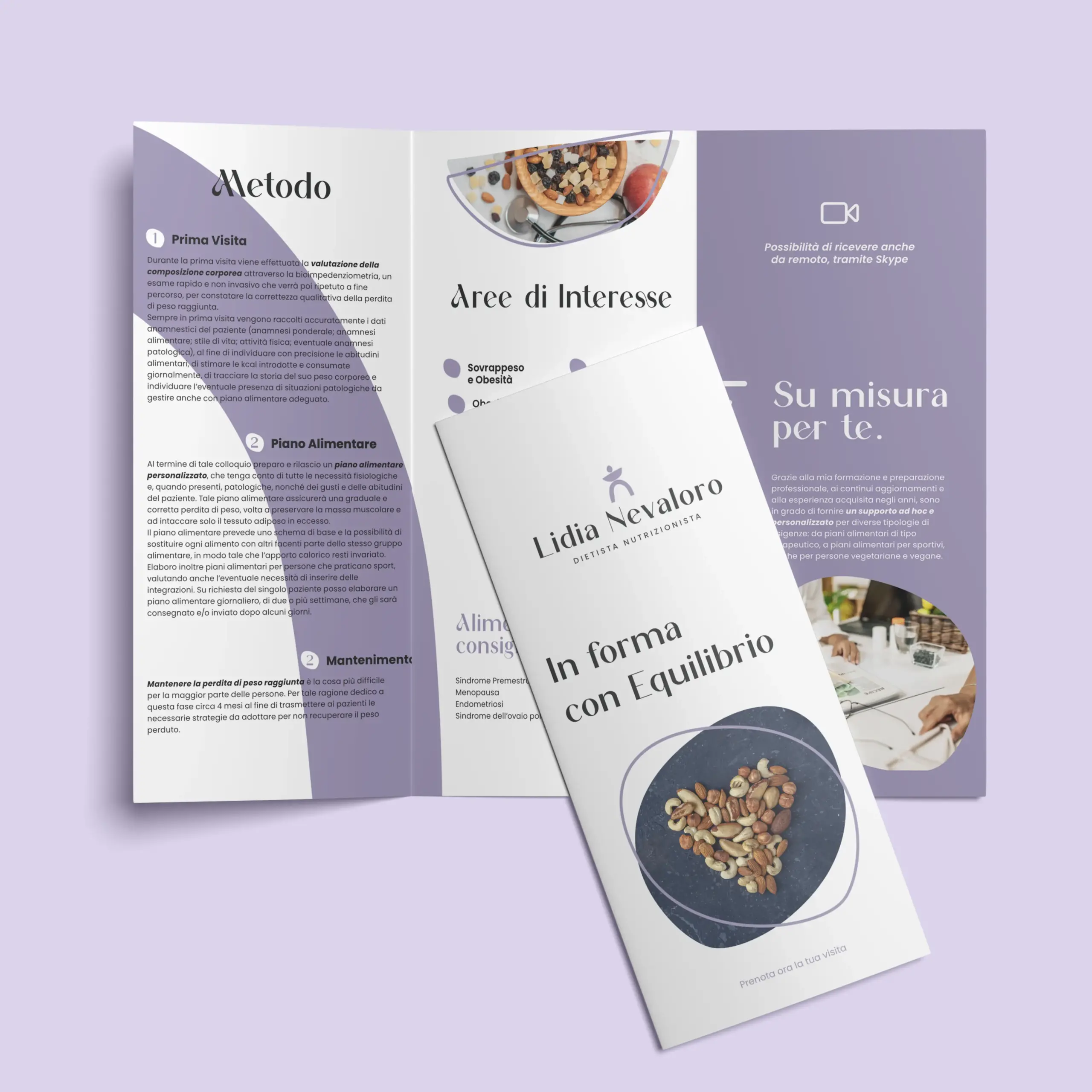 Declinazione della brand identity di Lidia Nevaloro su brochure in cui vengono presentati i servizi offerti e il metodo applicato