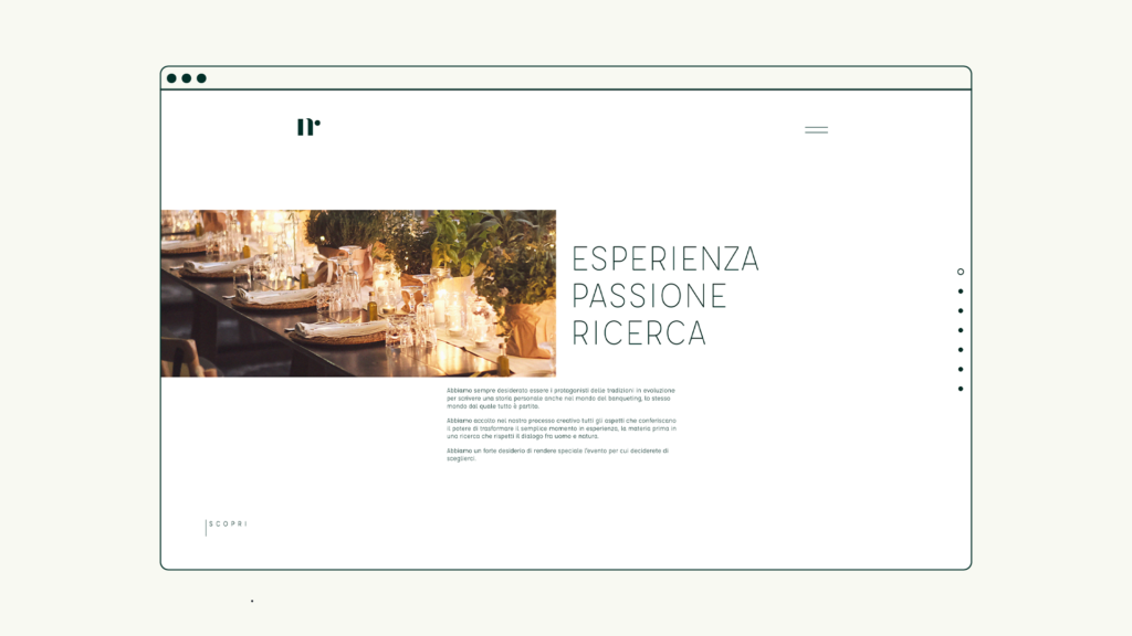 Sezione del sito web di Nino Rossi Banqueting con scritta "ESPERIENZA, PASSIONE, RICERCA".