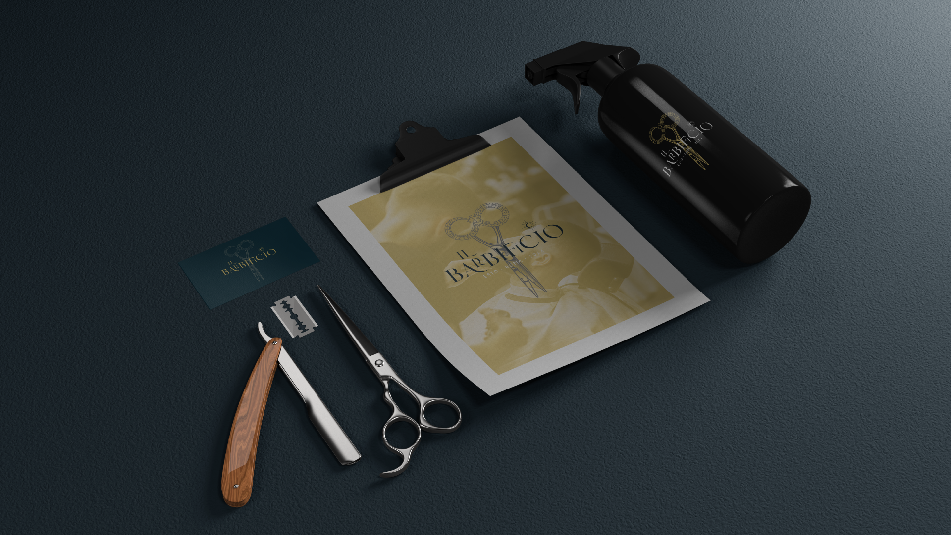 Declinazione della brand identity de "Il barbificio" su merchandising: biglietti da visita, carta intestata, spry per capelli