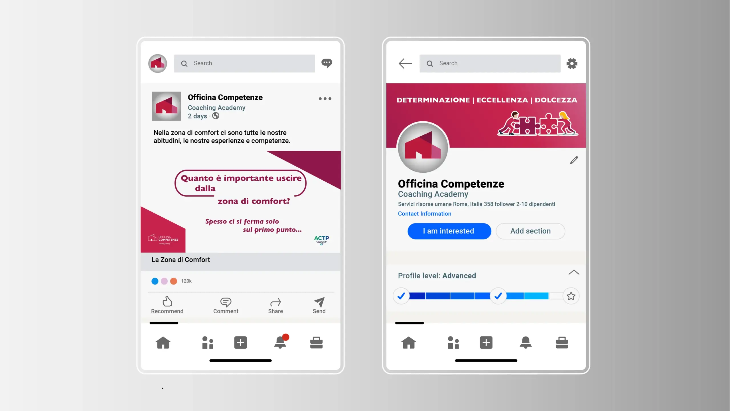 mockup Linkedin del profilo e dei post di Officina Competenze